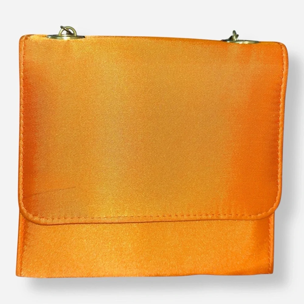 Vintage Satin Clutch Evening Bag Silk Orange Gold Chain‎ Crossbody Clutch